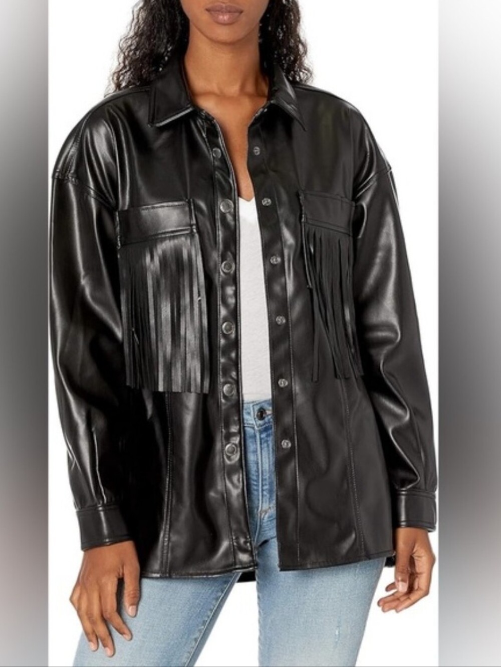 Blank NYC Oversized Vegan LeatherFringe Shirt Shacket Jacket Size Small